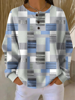Waffle Texture Color-Block Long Sleeve Top
