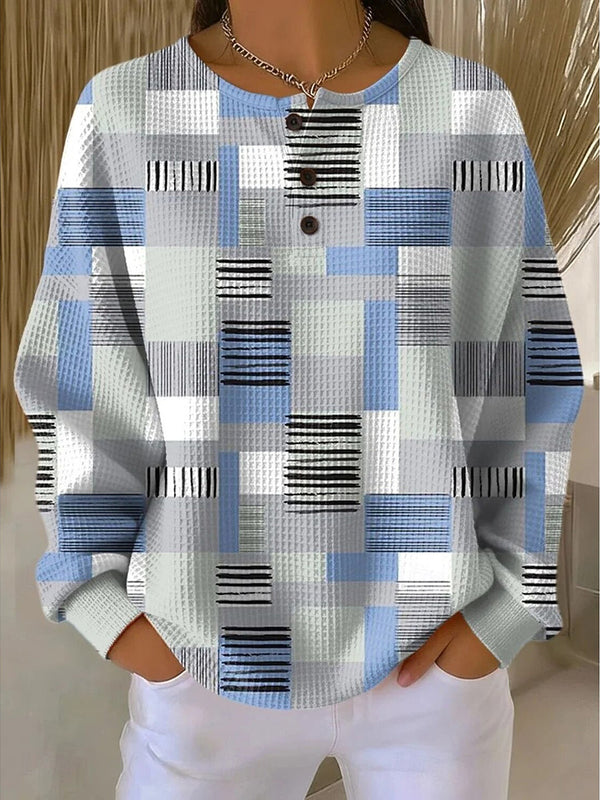 Waffle Texture Color-Block Long Sleeve Top