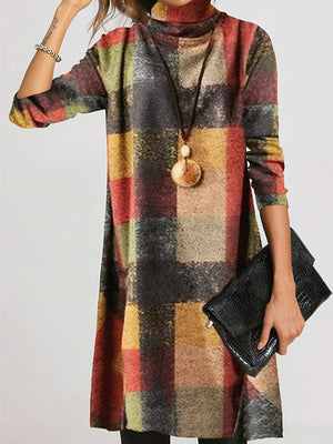 Warm High-Neck Long-Sleeve Plaid Dress