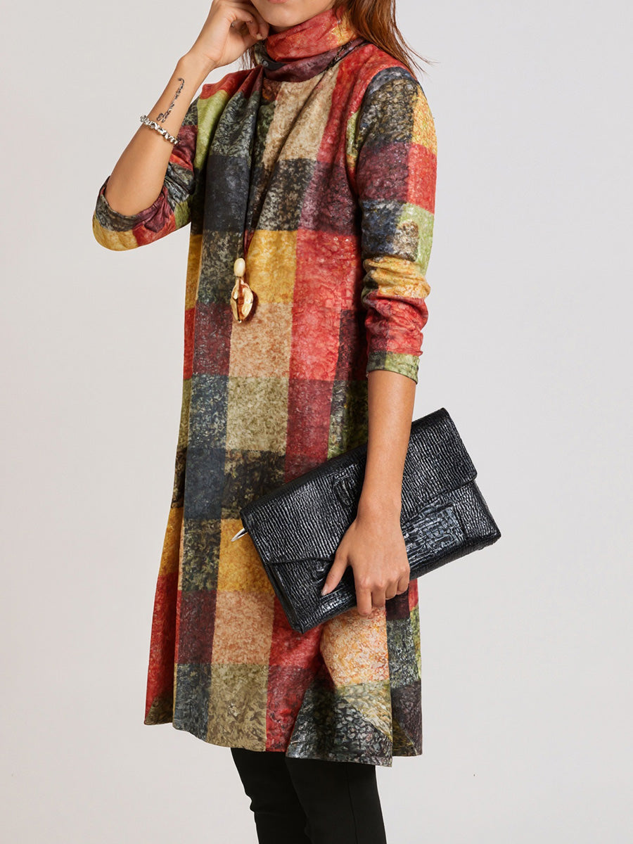 Warm High-Neck Long-Sleeve Plaid Dress