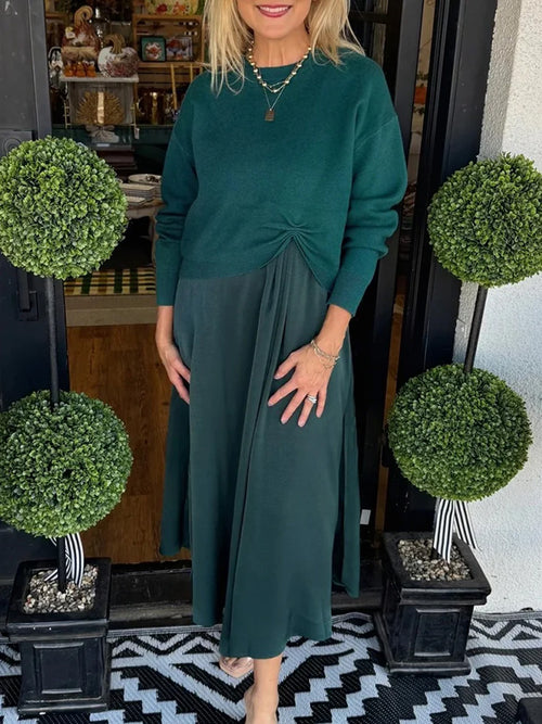 Women Inner Dress + Knitted Pleated Top Casual Suit