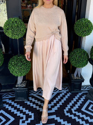 Women Inner Dress + Knitted Pleated Top Casual Suit