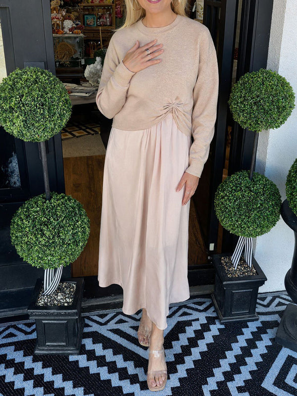 Women Inner Dress + Knitted Pleated Top Casual Suit