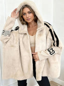 Women Plush Hooded Vertical Stripe Printed Casual Coat