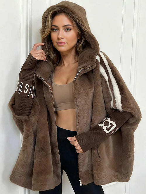 Women Plush Hooded Vertical Stripe Printed Casual Coat