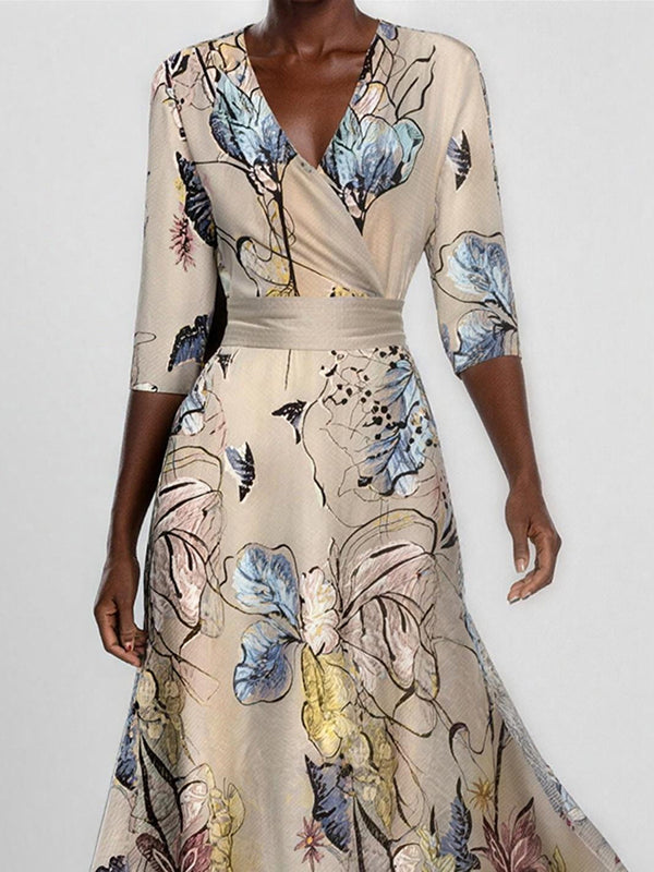 Fitted Floral Print V-Neck Maxi Dress