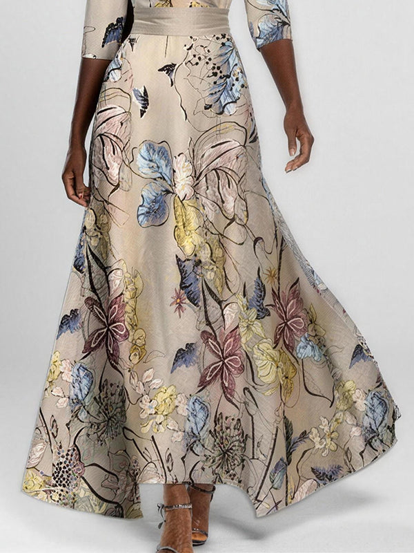 Fitted Floral Print V-Neck Maxi Dress