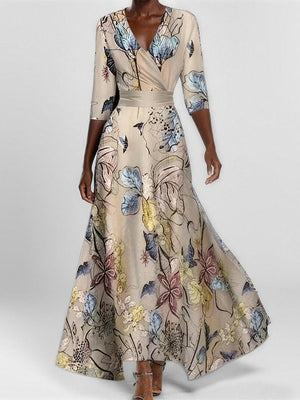 Fitted Floral Print V-Neck Maxi Dress
