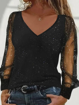 Elegant V-Neck Mesh Patchwork Top