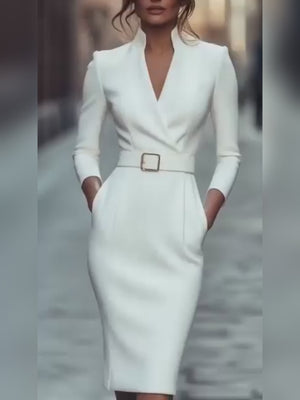 Elegant White Long Sleeve Midi Dress
