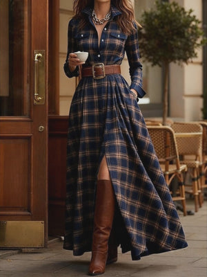 Retro Plaid Elegant Maxi Dress
